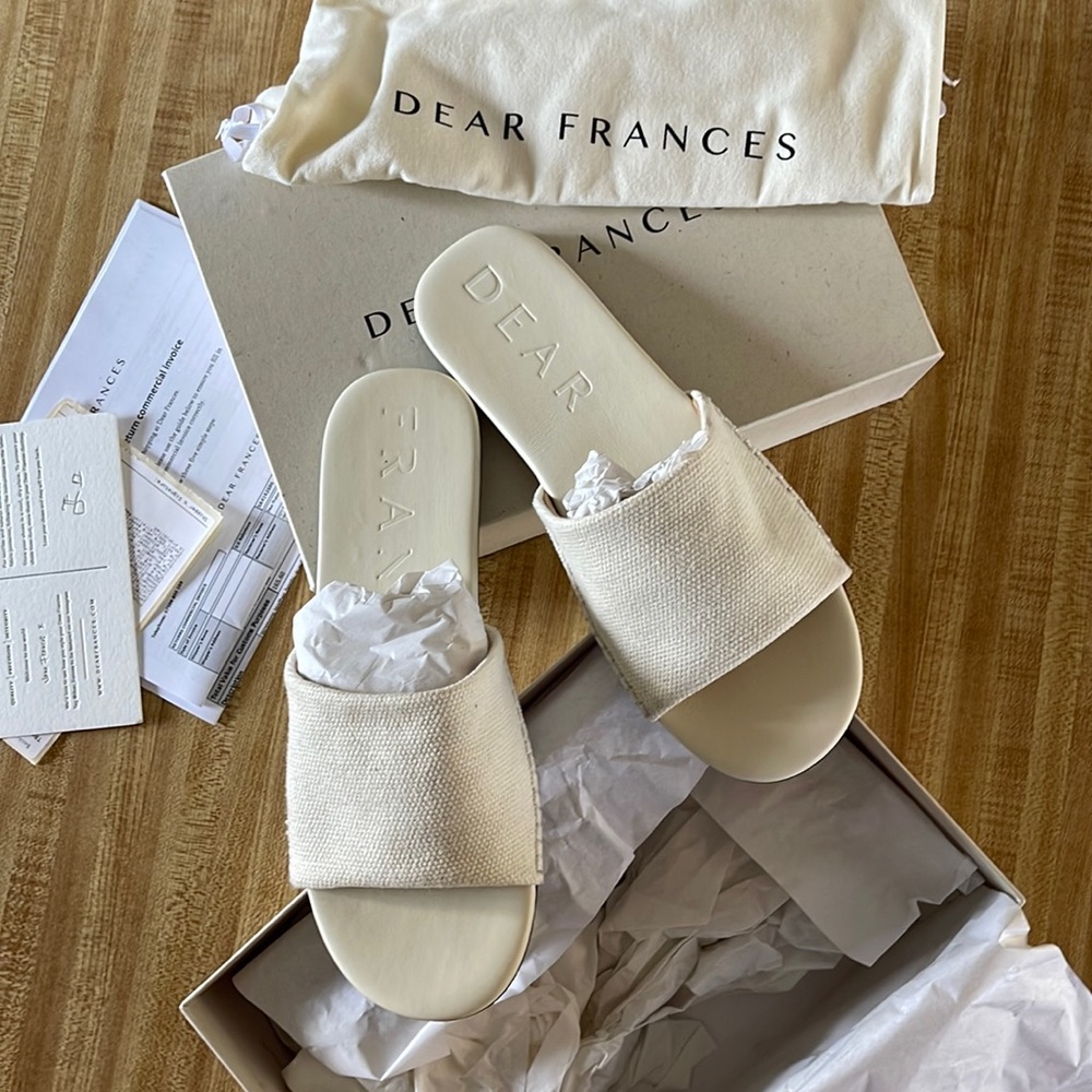 Dear Frances Made in Italy, cream slides, woven top, leather sole, size 40
